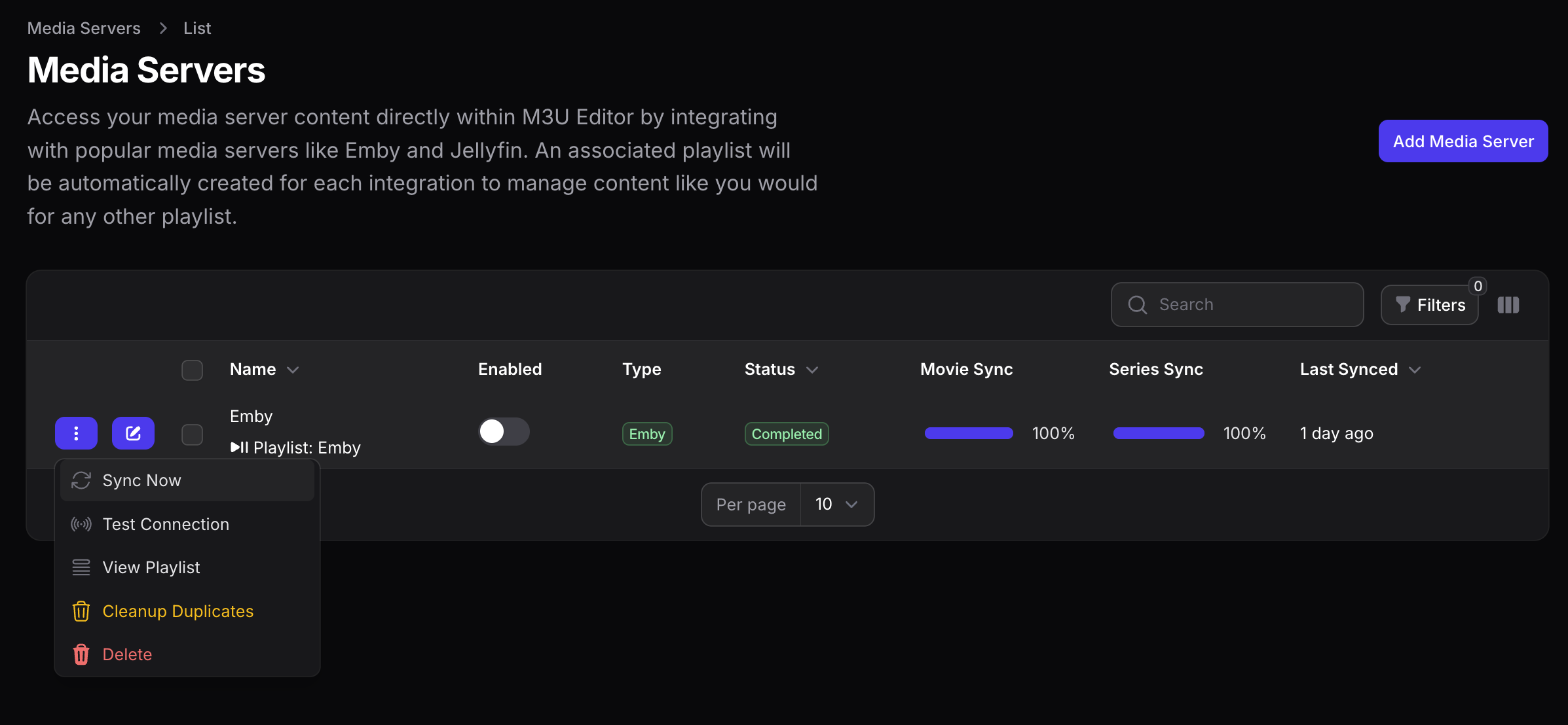Media Server Intergrations Action Menu