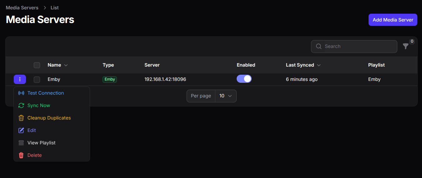 Media Server Intergrations Action Menu