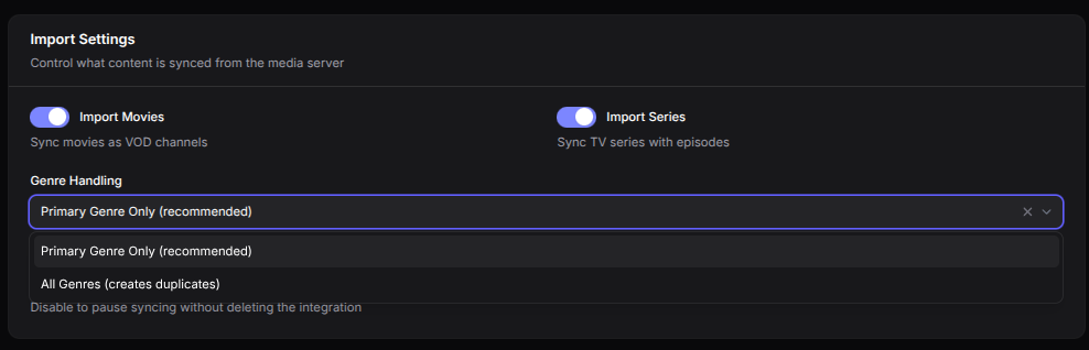 Media server integration genre settings